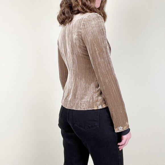 Vintage Tan Velvet Blazer with Floral Details - Picture 3 of 9